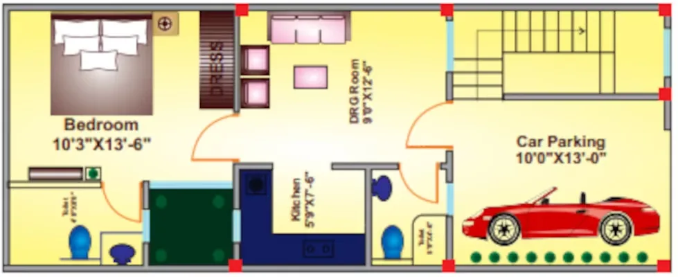 Sanskriti Garden Villas — Floor plan of a unit showing a bedroom, dressing room, living room, kitchen, two toilets, and car parking.