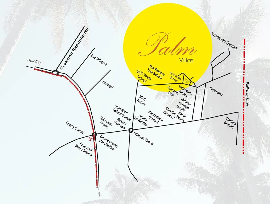 Paradise Palm Villa — Location map of Palm Villas showing nearby roads, railway line, schools, and other residential projects.
