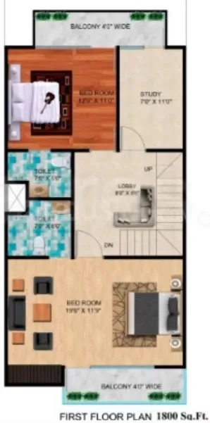 Shubh Villa — First floor plan of a villa showing two bedrooms, study, two toilets, lobby, stairs, and two balconies.