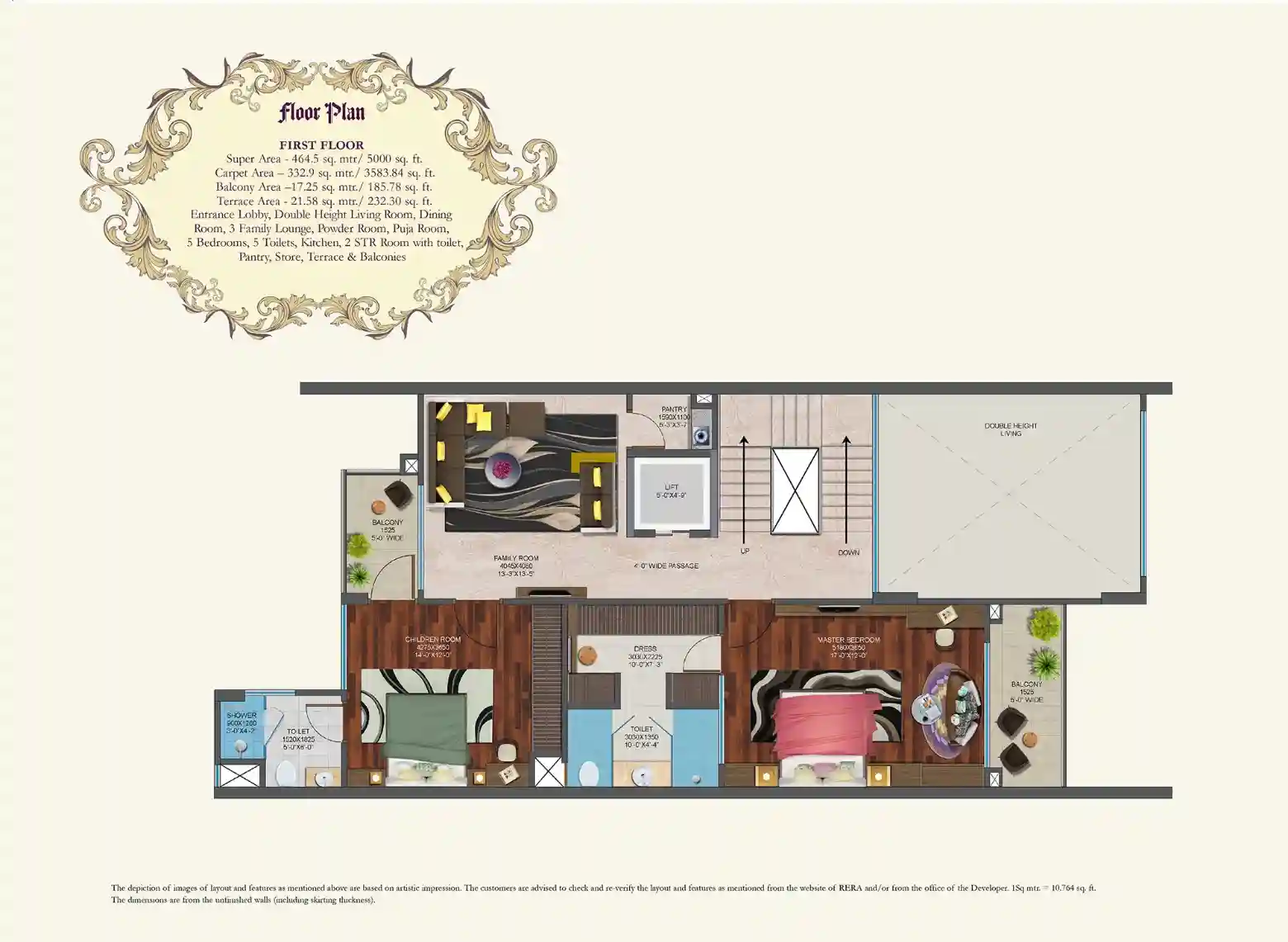 Mahagun Meadows 5000 sq ft villa first floor plan with master bedroom, children's room, family lounge and double-height living void.