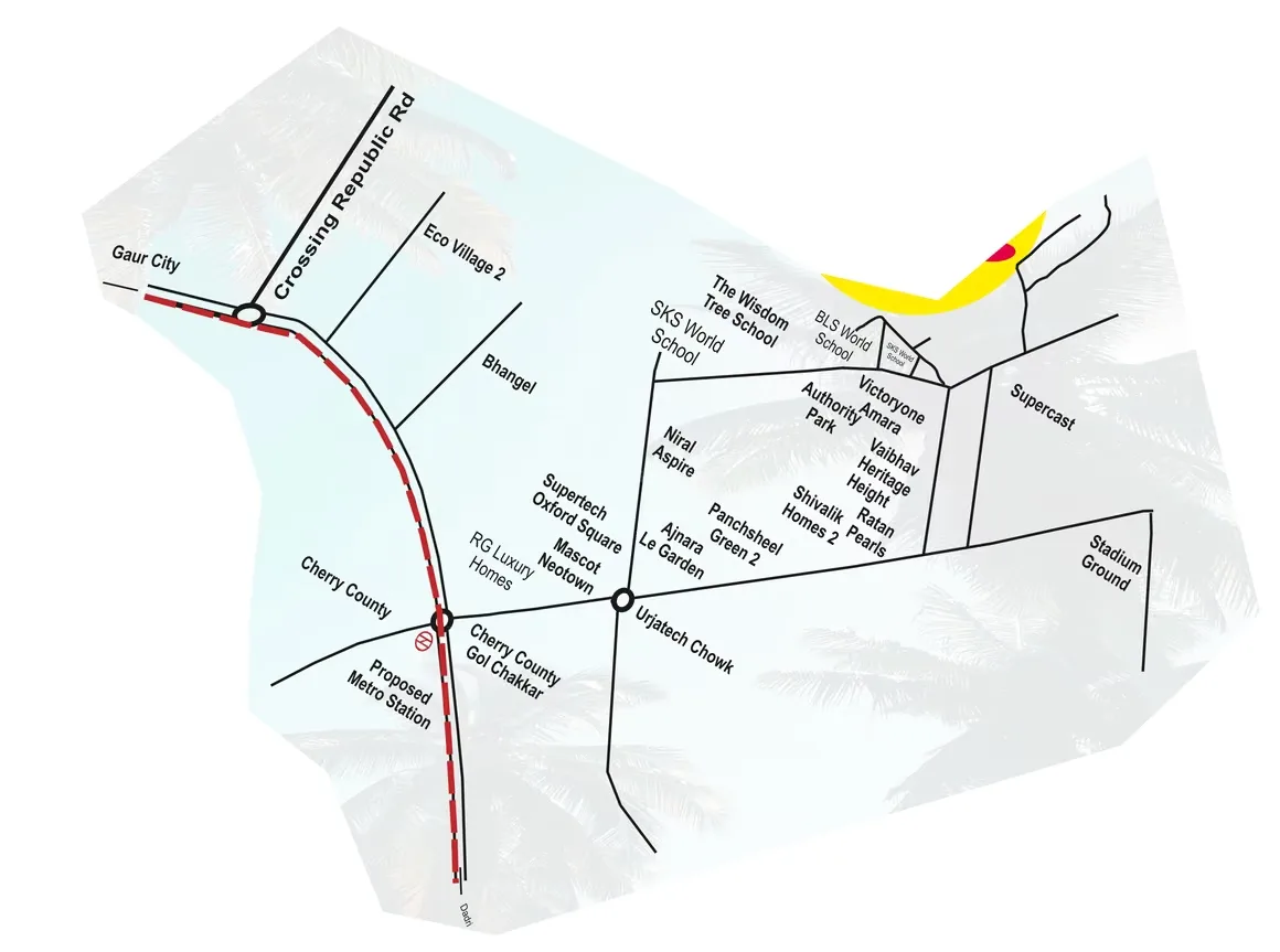 Paradise Krishna Vatika Luxurious Villas — Location map showing roads, metro station, schools, and various housing projects like Gaur City and Cherry County.