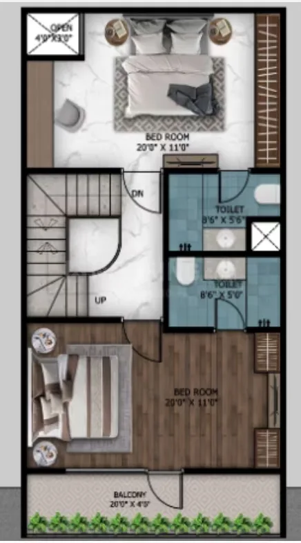 Paradise Krishna Vatika Luxurious Villas — Floor plan showing two bedrooms, two toilets, a balcony, and stairs up and down.