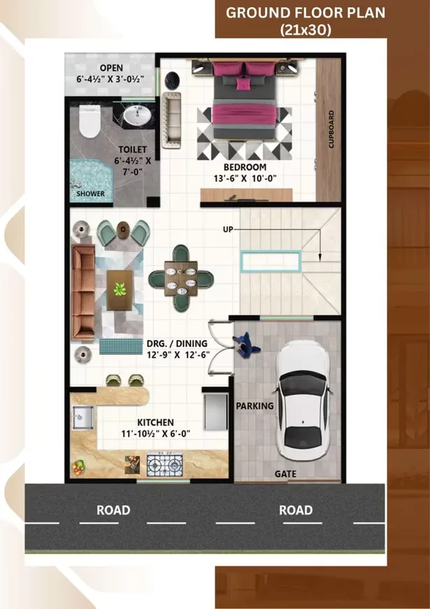 Yuvraj Villa — Ground floor plan for a residential unit with dimensions. Includes bedroom, toilet, kitchen, dining, parking.