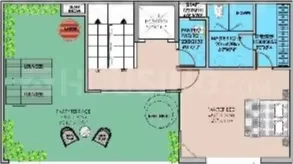 Ajnara Sports City Villas — Floor plan showing a master bedroom, toilet, kitchen, and a large party terrace with seating.