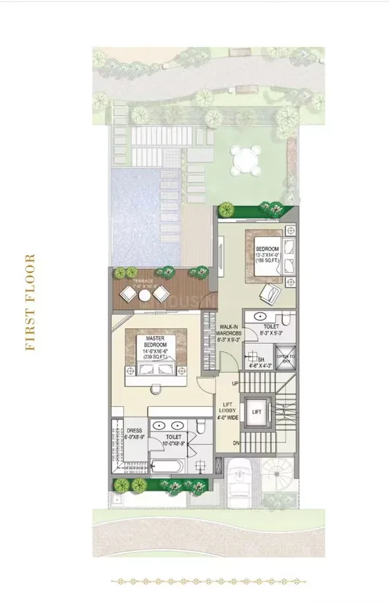 Rise Resort Residence Villa — First floor plan showing master bedroom, regular bedroom, walk-in wardrobes, toilet, lift, terrace, and garden area.