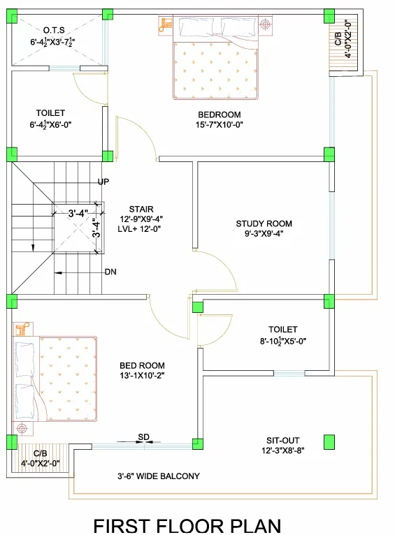 Pinnacle Neelkanth Villa — First floor plan with bedrooms, toilets, stair, study room, sit-out and balcony, with dimensions.