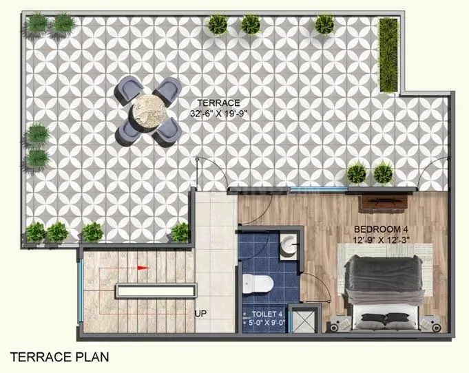Rohin City Site Villa — Floorplan of a terrace with outdoor furniture and plants, next to a bedroom and toilet.