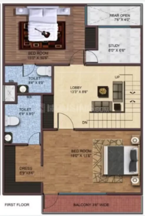 AKJ Real Infra Novel Valley — First floor plan with two bedrooms, two toilets, a dress area, a study, a rear open area, a lobby, and a balcony.