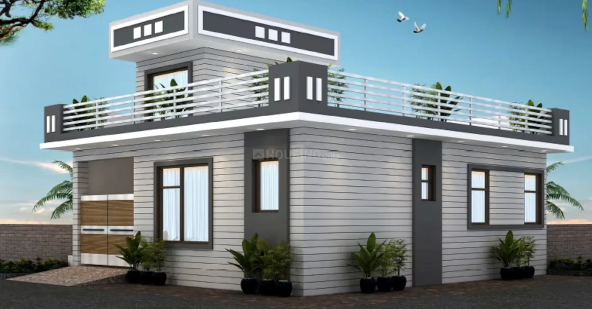 Shri Shyam Villa 2 — A modern 3D rendered villa with light grey siding, a flat roof, and a balcony with white railings.