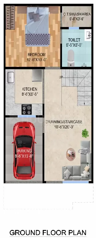 Pinnacle Neelkanth Villa — Ground floor plan of a villa showing bedroom, kitchen, toilet, drawing room, staircase, and parking.