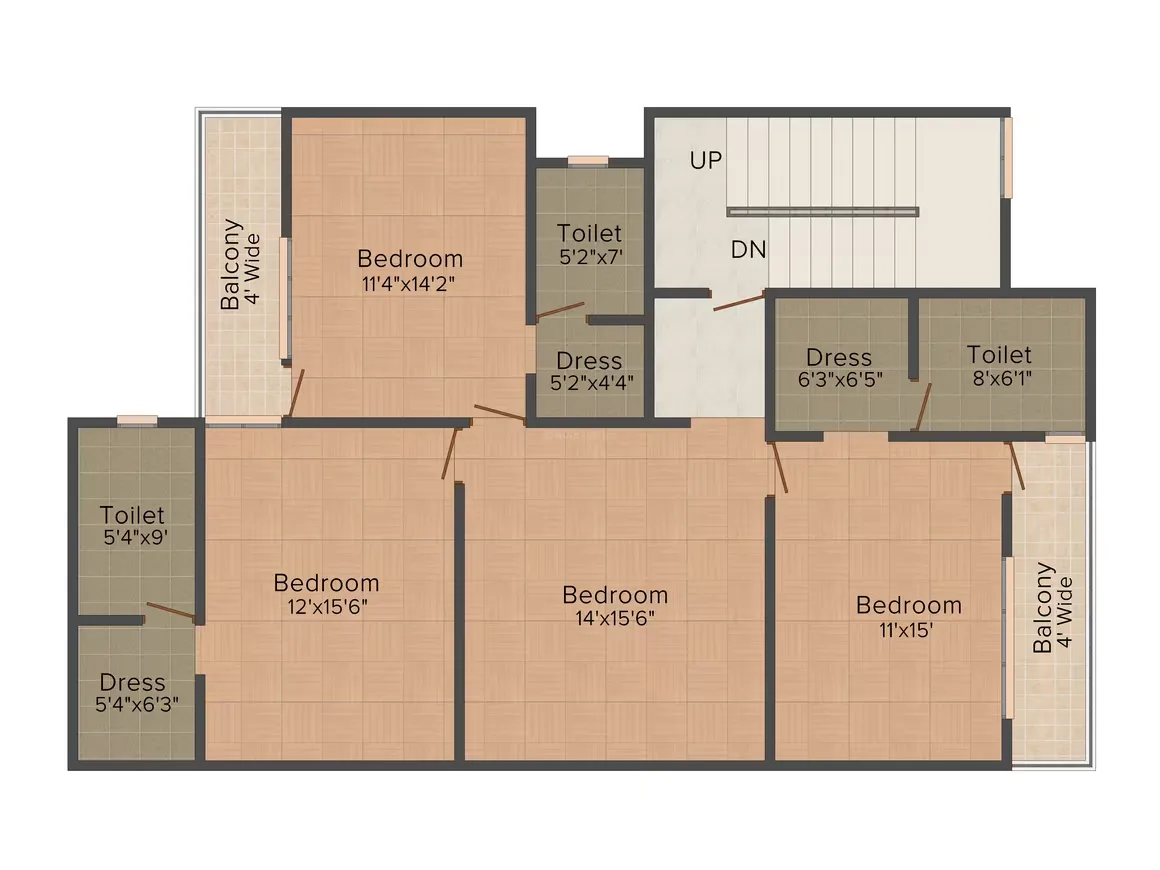 Supertech Holiday Village — Floor plan showing three bedrooms with attached toilets and dressers, one bedroom with attached toilet, and one with a balcony.