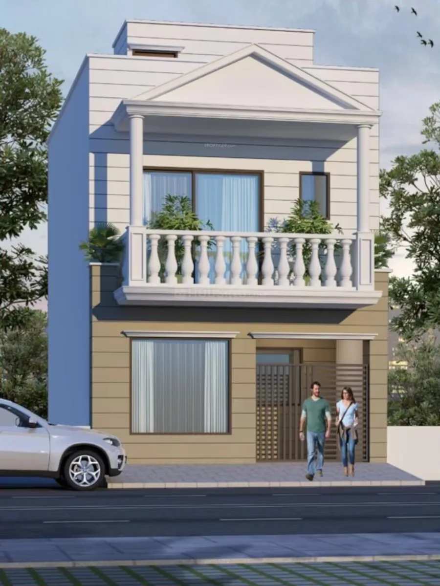 Aambesten Twin Clarus — Two-story residential villa render with a balcony, light grey and beige facade, and a car parked outside.