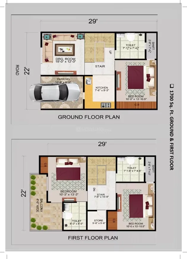Satya Villa — Floor plan showing ground and first floor layouts for a 1700 sq ft unit, including parking, living, kitchen, bedrooms, and bathrooms.