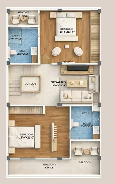 Root2Home Samridhhi Villas — A floorplan showing two bedrooms, a sitting area, two bathrooms, and two balconies.