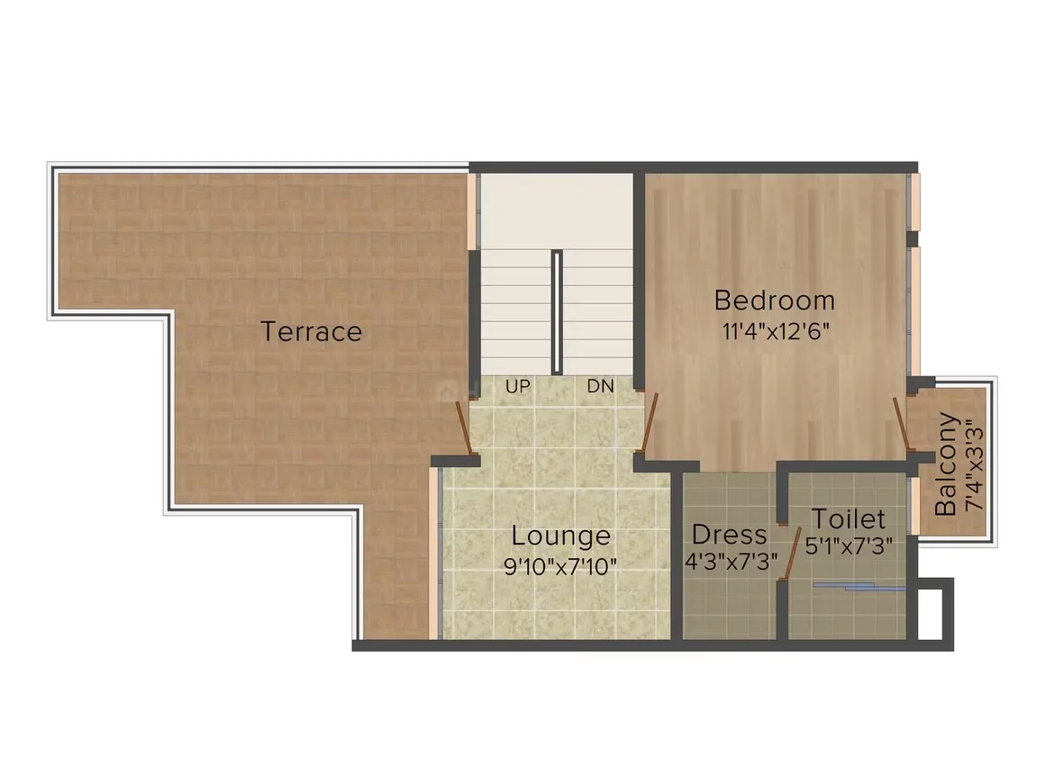 Jaypee Sportsville — Floor plan showing a terrace, lounge, bedroom, dress area, toilet, and balcony with dimensions.