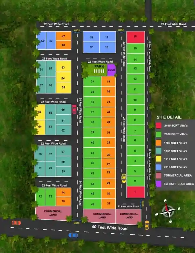 Sindhuja Greens Villa site plan with six villa typologies, park, club and commercial pockets