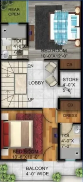AB Crimson Villa — Floor plan showing two bedrooms, each with attached toilet, a lobby, store, and a balcony on a single floor.