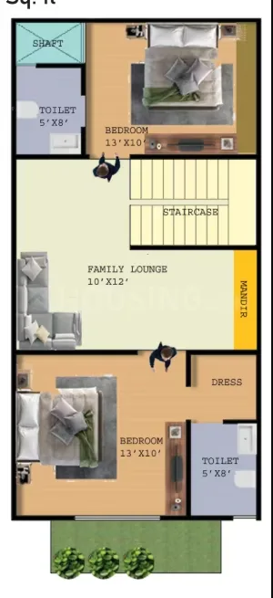 Rohit Tulsi Vatika Royal Villas — Floor plan showing two bedrooms, two toilets, a family lounge, staircase, shaft, and a mandir