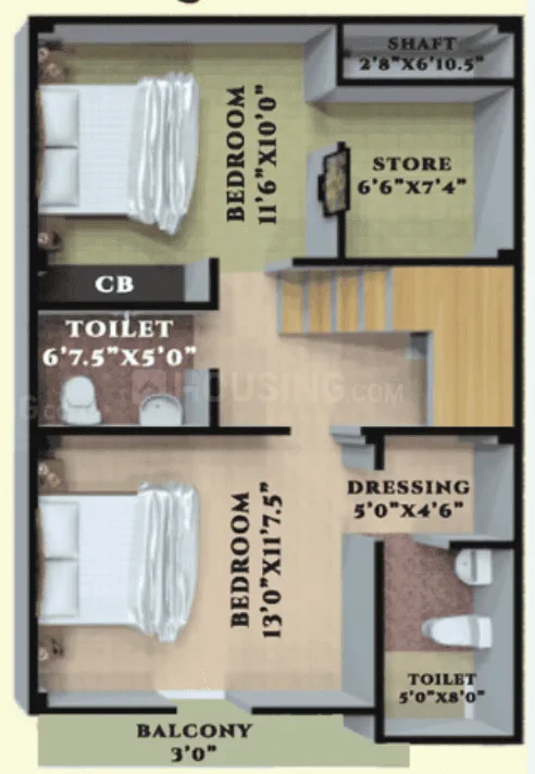AKJ Real Infra Novel Valley — Floor plan rendering of a residential unit with two bedrooms, two toilets, a store, a dressing area, and a balcony.