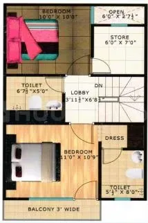 Shubh Villa — Floor plan showing two bedrooms, two toilets, a lobby, a store, and a balcony.