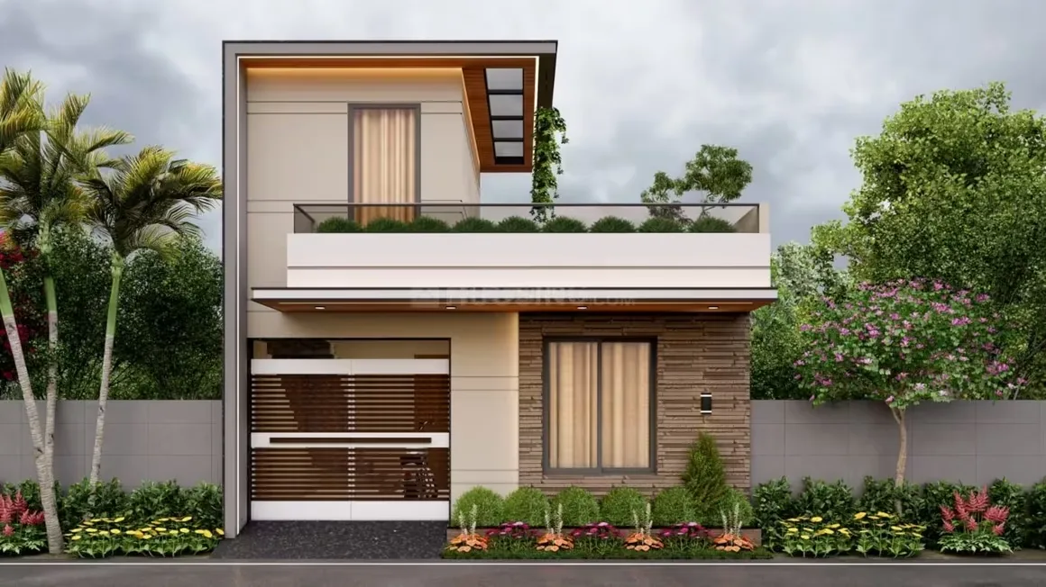 Lotus Vatika Luxurious Villas — A modern rendered two-story Indian residential villa with a large ground floor garage, upper balcony, and landscaped garden.