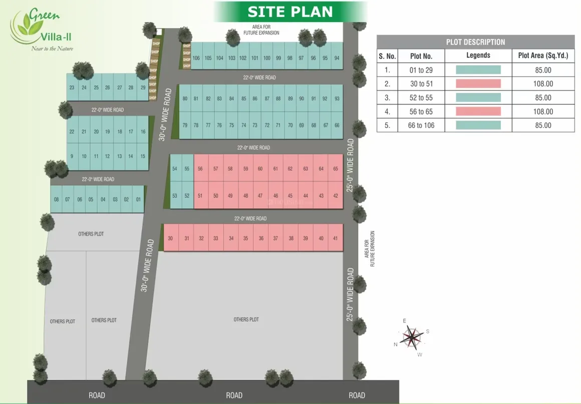 Real Homez Green Villa 2 — Site plan for Green Villa-II showing individual plots, roads, and a legend with plot area details.
