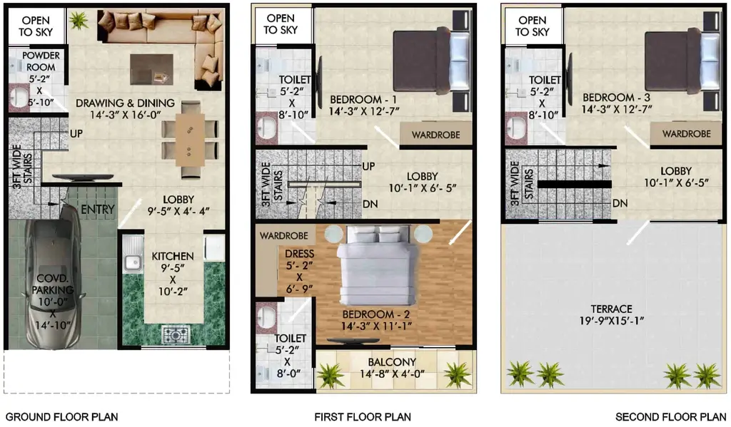 Ashoka Greens Villas floor plan variant B across ground, first and second floors