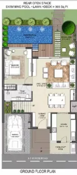 Rise Resort Residence Villa — Ground floor plan showing a layout with 1 bedroom, kitchen, dining, living, parking, swimming pool, lawn and deck.
