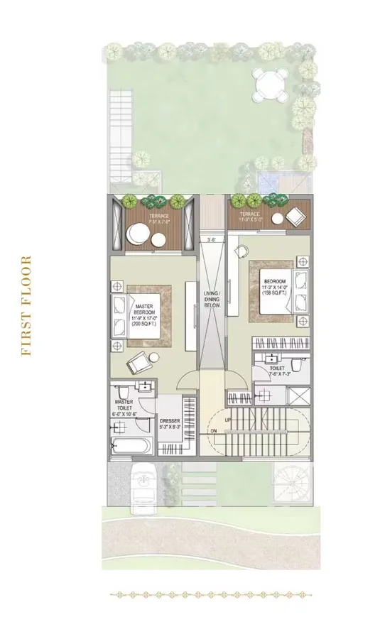Rise Resort Residence Villa — First floor plan of a villa showing a master bedroom, another bedroom, living/dining area, two terraces, master toilet, and a regular toilet.