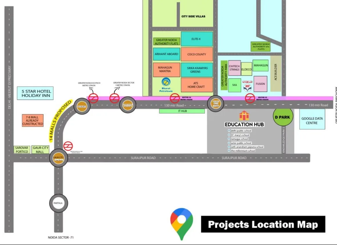 Rohin City Site Villa — Location map of Noida Sector-71 showing commercial and residential projects like Holiday Inn, Coco County, and Mahagun Mantra.