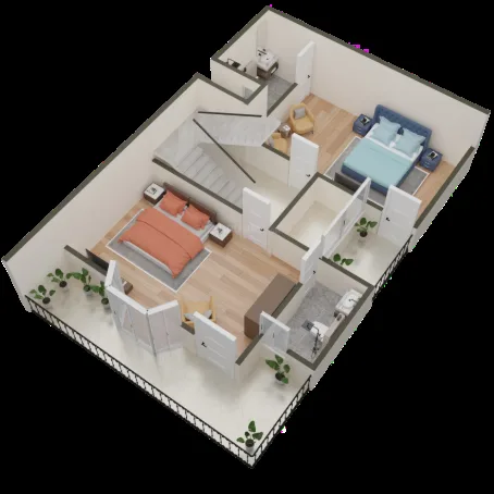 Rohin City Site Villa — 3D render of a two-story floor plan showing two bedrooms, a staircase, and bathrooms.