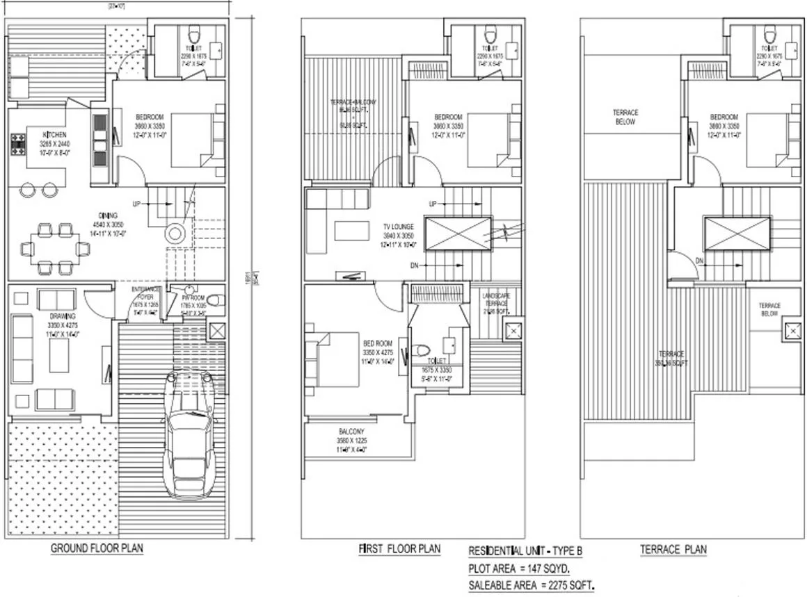 Intellicity Phase I — Floorplan for Residential Unit - Type B showing ground floor, first floor, and terrace plans.