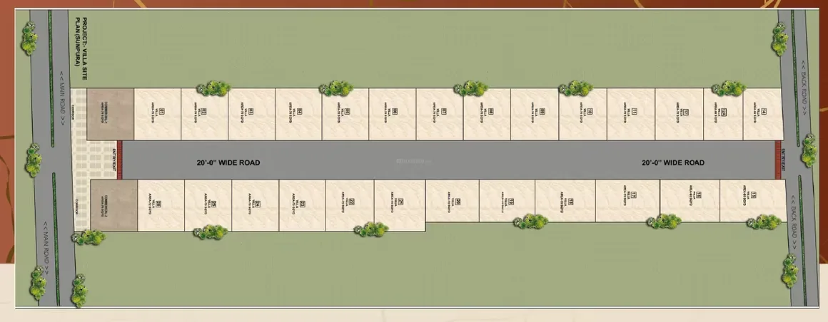 Aarohi Villa — Site plan showing a layout of residential plots with a central wide road and surrounding green areas.