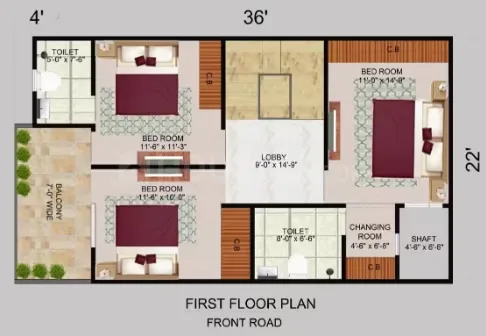 Satya Villa — First floor plan with dimensions for three bedrooms, a lobby, two toilets, a changing room, a shaft, and a balcony.