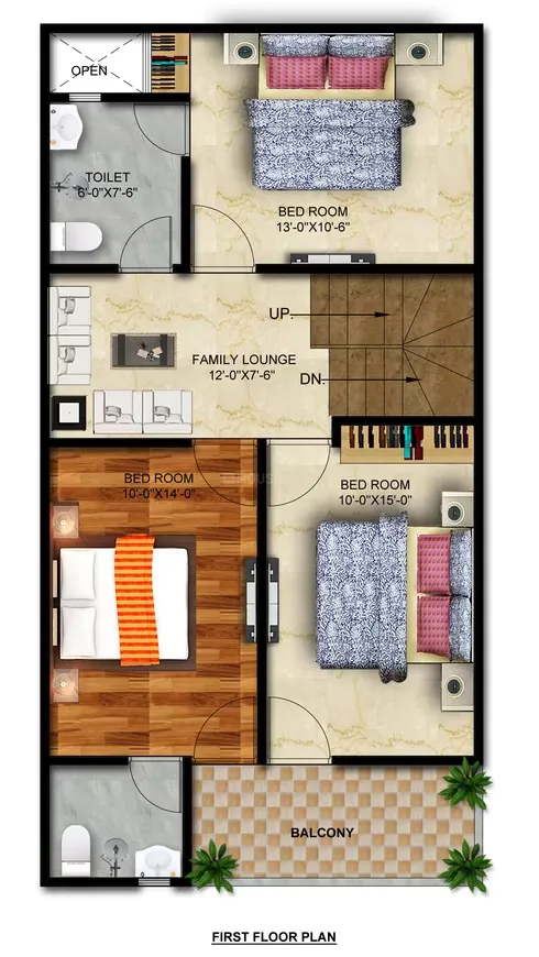 THV Vihaan Villa — Floorplan for a first floor with three bedrooms, two bathrooms, a family lounge, and a balcony.