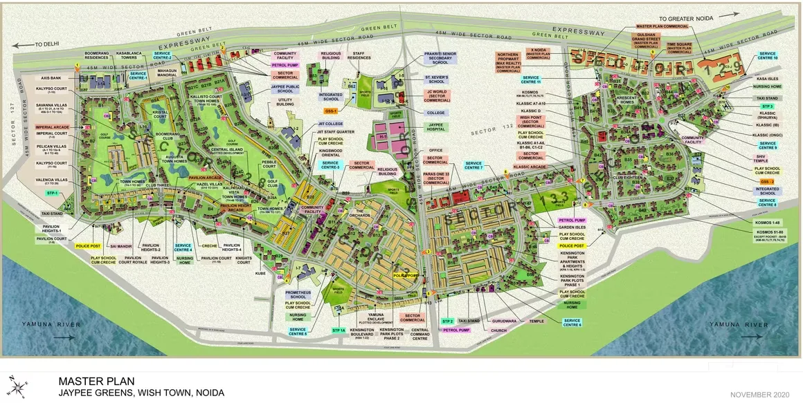 Jaypee Sportsville — Master plan of Jaypee Greens Wish Town, Noida, showing residential sectors, roads, green areas, and the Yamuna River.