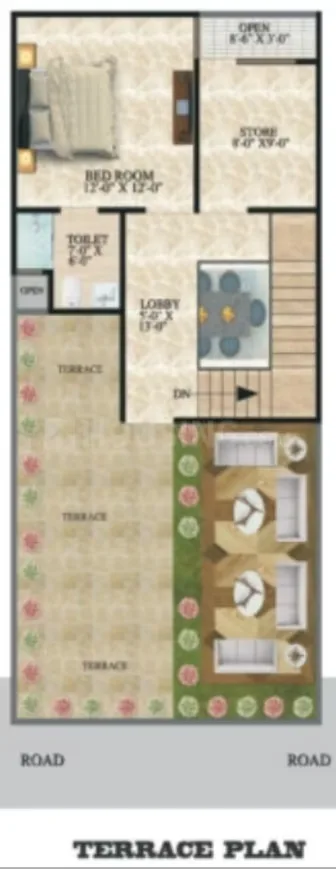 Shivi Paradise Green Villa 2 — Floor plan showing a bedroom, store, toilet, lobby, and two terraces, with dimensions for each area.