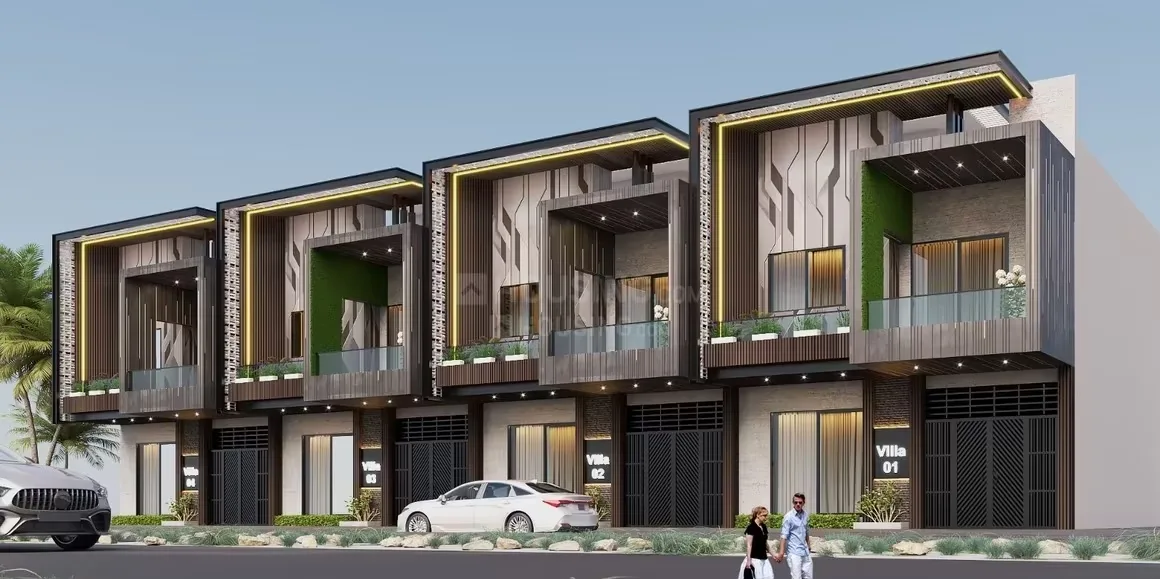 Legacy Balaji Vatika — Row of modern villas with contemporary facades, balconies with glass railings, and ground-floor garages. Villa 01, 02, and 03 are visible.