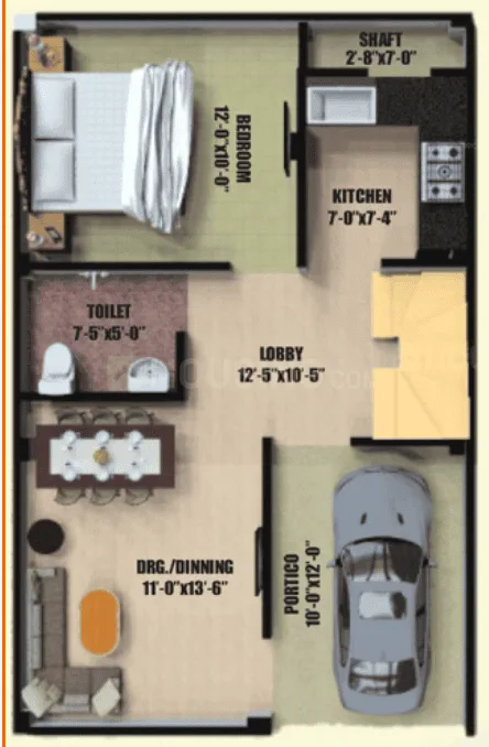 AKJ Real Infra Novel Valley — Floorplan with dimensions for bedroom, toilet, lobby, kitchen, dining, and portico with a car.