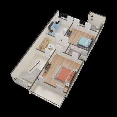 Supertech Holiday Village — 3D render of a residential floor plan showing two bedrooms, a living area, and a kitchen.