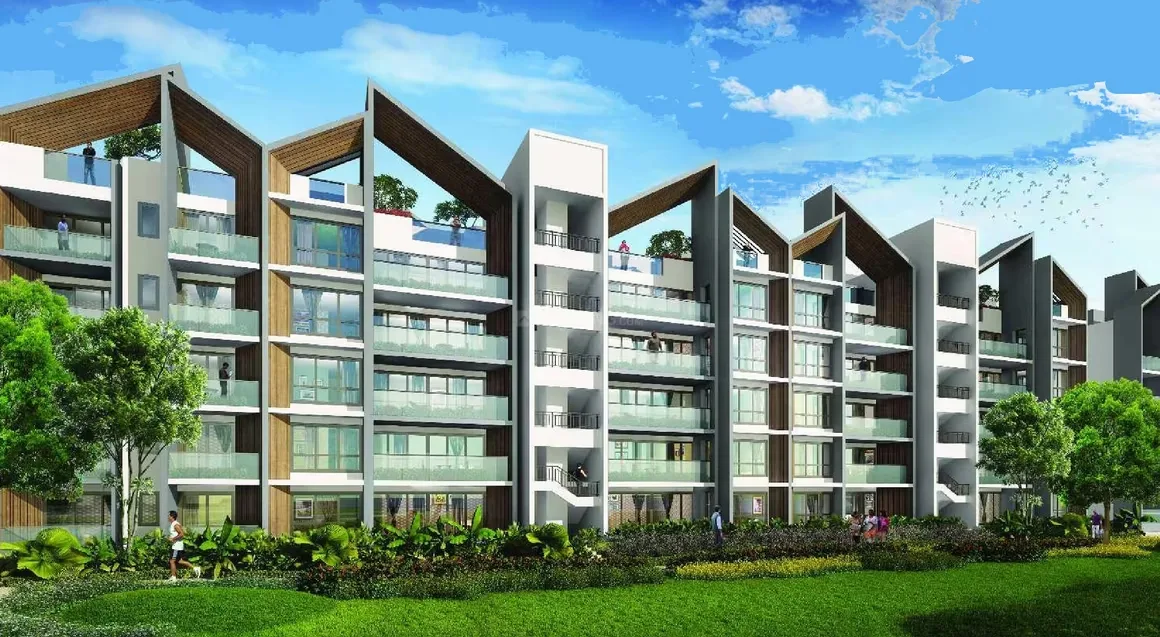 Rise Resort Residence Villa — A modern residential building render with multiple floors, balconies, and angular rooflines, surrounded by green landscaping.