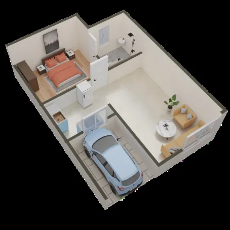 Arsh Green Villa 2 — 3D floor plan rendering showing a bedroom, a living room, a bathroom, and a car parked in a garage