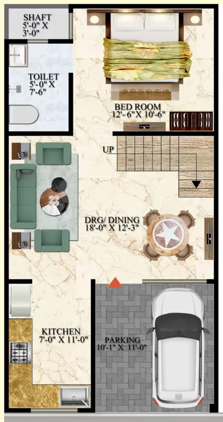 IBP Windsor Valley — Floor plan showing a layout with a bedroom, toilet, kitchen, living/dining area, and parking, with dimensions.