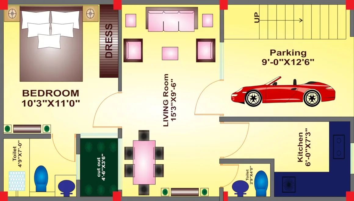Sanskriti Garden Villas — Floorplan of a unit with bedroom, living room, kitchen, two toilets, a dress area and parking.