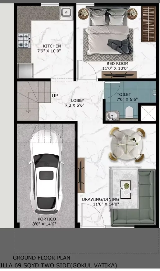 Paradise Gokul Vatika — Ground floor plan for a villa showing a car in a portico, kitchen, bedroom, toilet, lobby, and drawing/dining area.