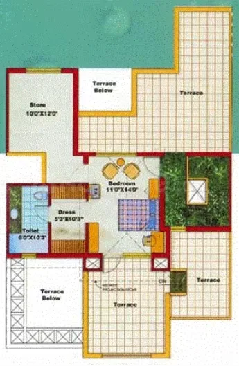Samiah Media Village — Floor plan showing a bedroom, toilet, dress area, store, and multiple terraces. Dimensions are visible.