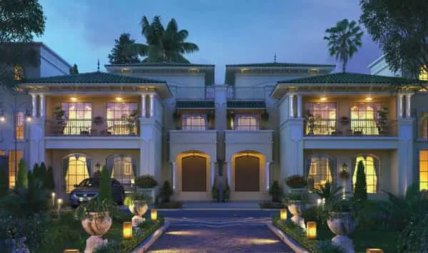 ATS Pristine Golf Villas twin villa elevation render at dusk with arched porticos, first-floor balconies and landscape lighting, Sector 150 Noida.