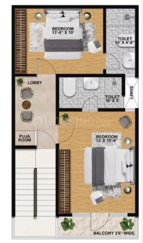 Aayansh Enclave — Floor plan of a unit with two bedrooms, two toilets, a lobby, a puja room, and a balcony.