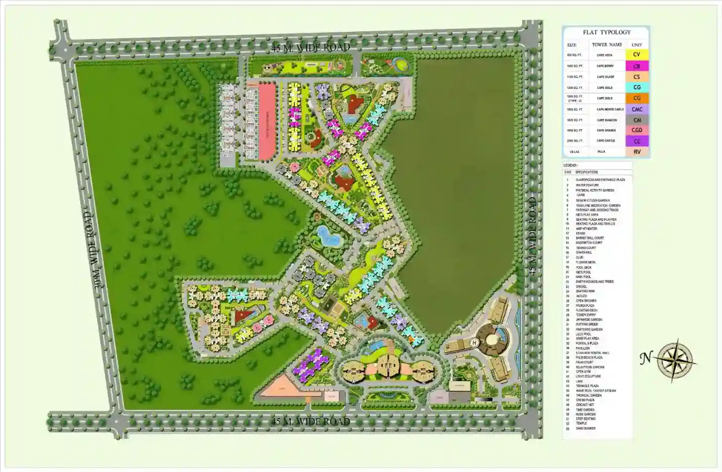 Supertech Capetown township master plan, Sector 74 Noida, showing high-rise towers, amenity spine and villa row.