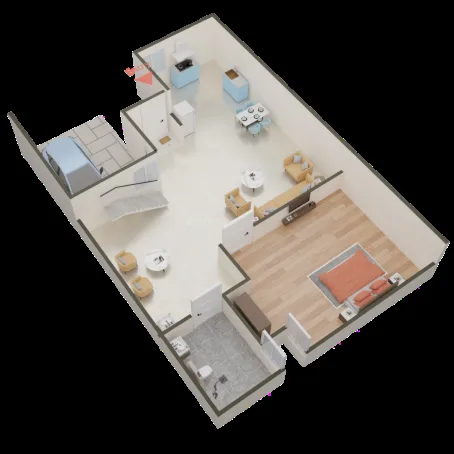 Shivi Stark Moon Villa — 3D render of a residential floor plan showing living area, bedroom, kitchen, and bathroom with furnishings